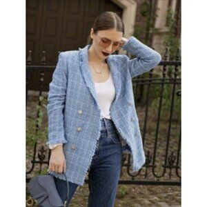 ZARA Pastel Blue Tweed Textured Jewel Button Blazer Blogger Favorite Preppy